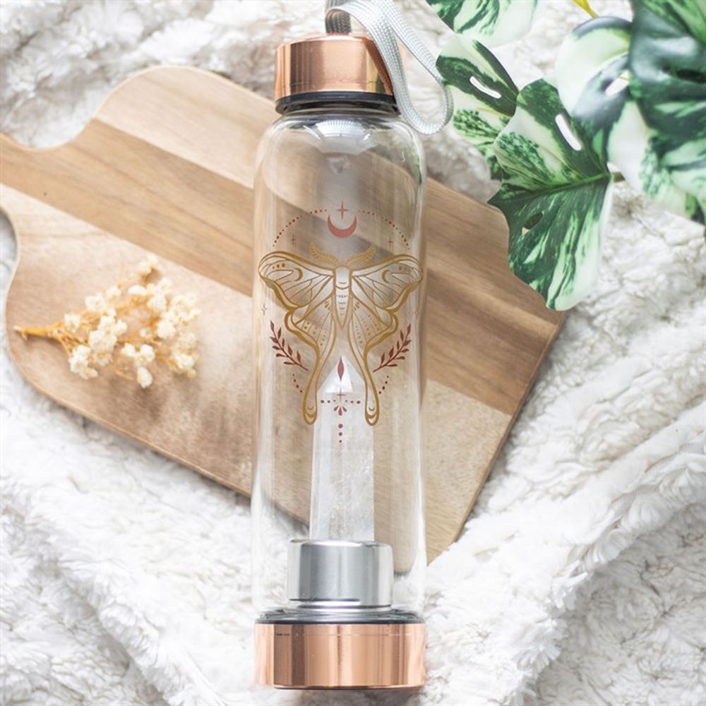 Luna Moth Glass Water Bottle with Clear Quartz Crystal