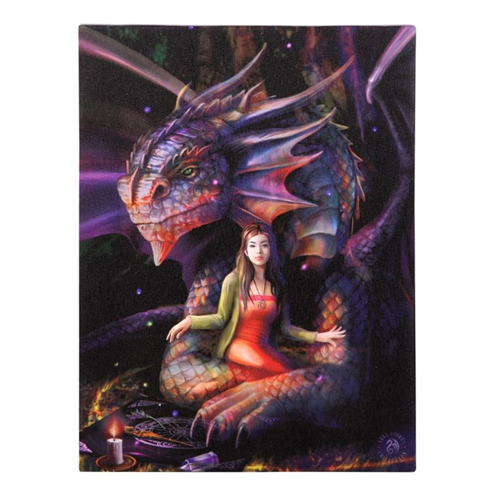 Fantasy canvas picture by Anne Stokes artwork of a dragon and a lady sitting together.